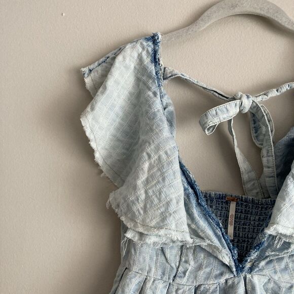 Free People Undone Mini Flutter Sleeve Dress Blue Small Raw Hemline Festival - Picture 4 of 11